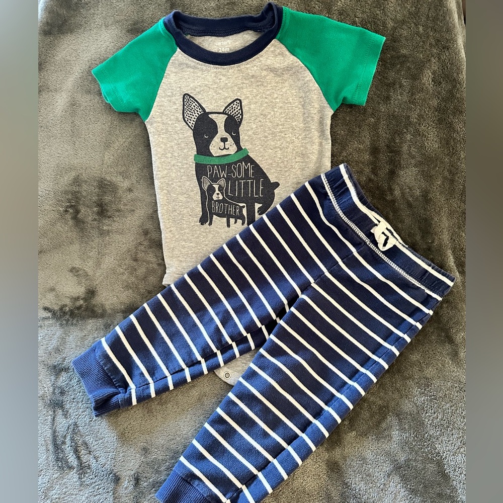 Carters 24 month two piece onesie and pant outfit. Green grey and navy with dog